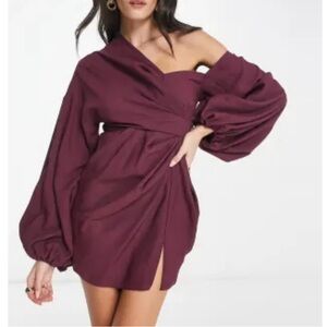 ASOS Design off shoulder drape mini dress with balloon sleeve in Wine